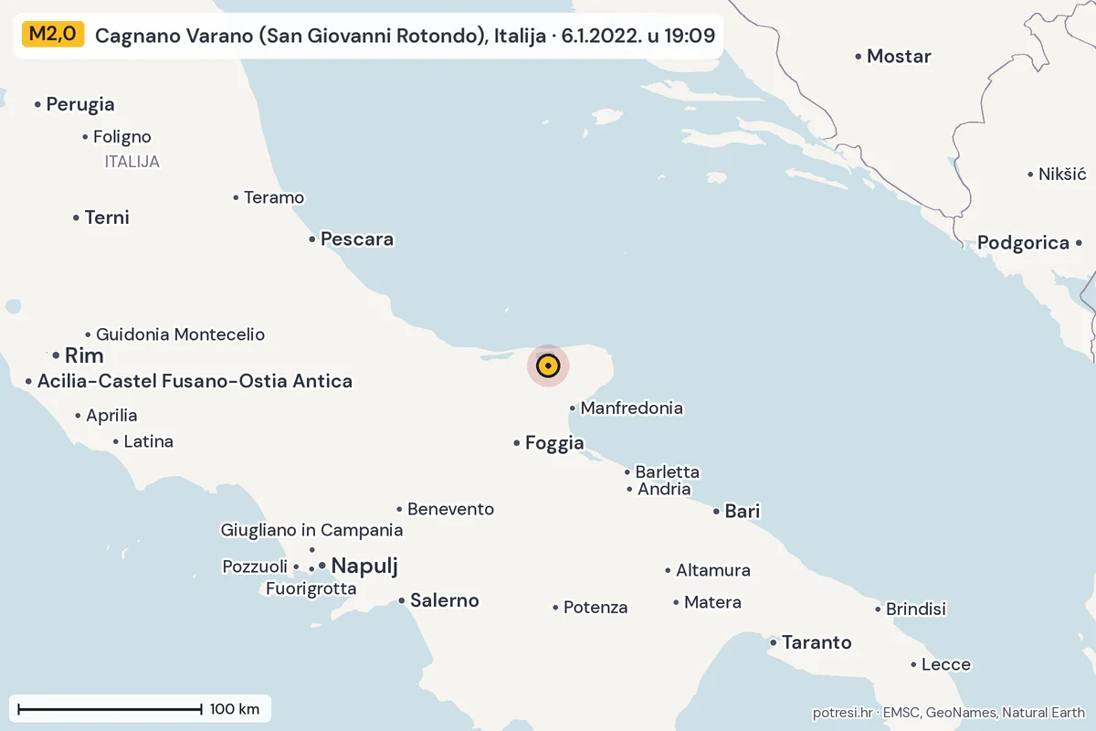 Karta: šire područje, 600 km, potres M2,0, Cagnano Varano (San Giovanni Rotondo), Italija, 6.1.2022.
