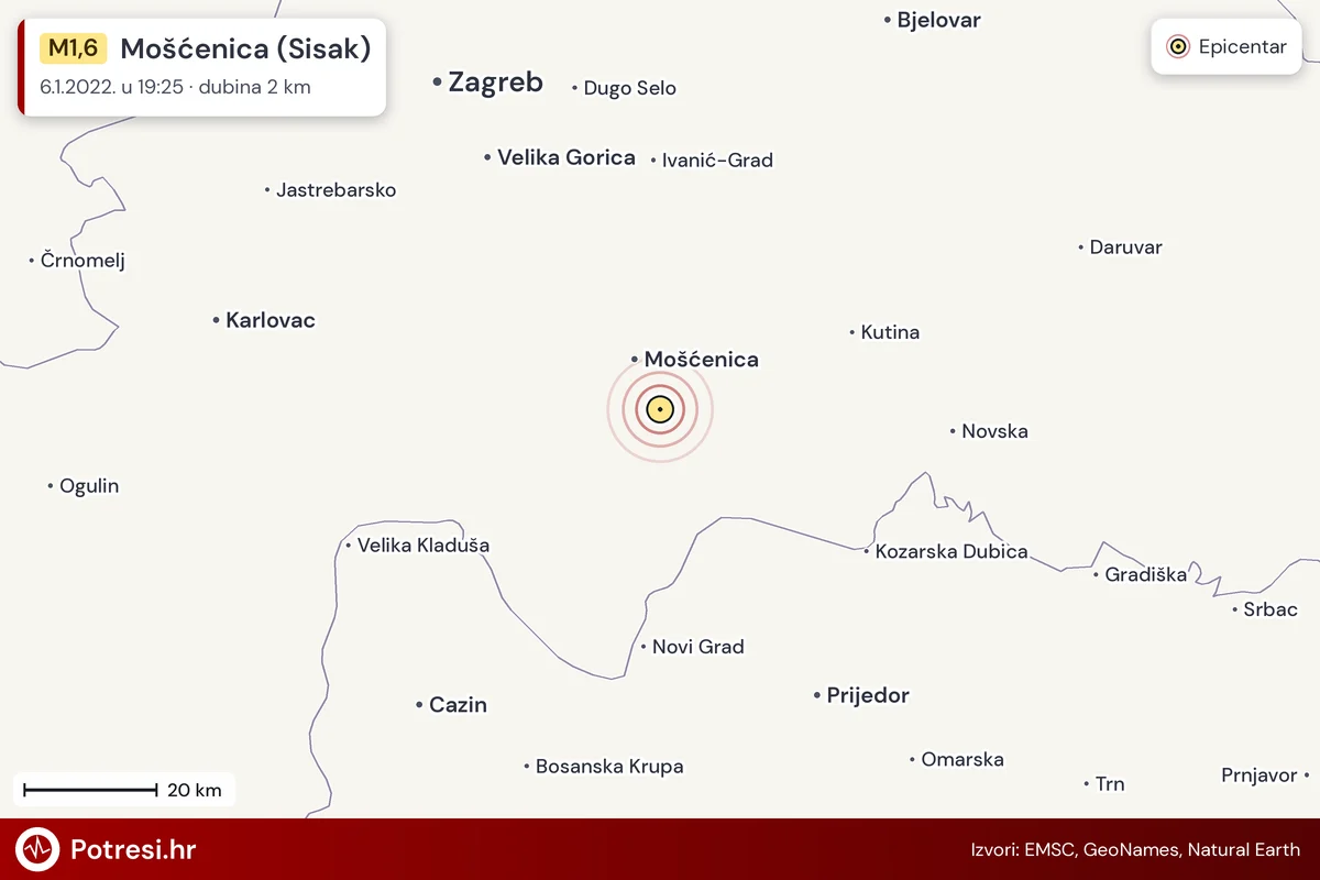 Karta: šire područje i vjerojatni doseg osjeta, potres M1,6, Mošćenica (Sisak), 6.1.2022.