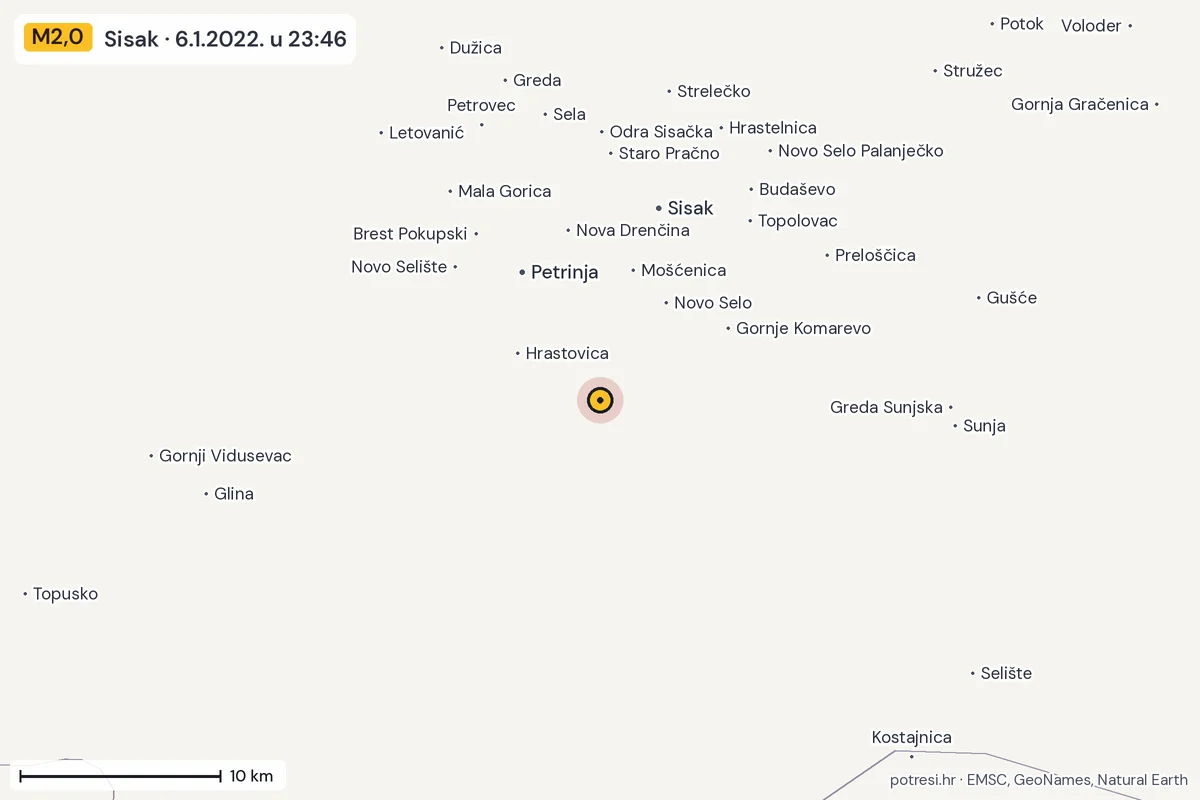 Karta: okolica epicentra, 60 km, potres M2,0, Sisak, 6.1.2022.
