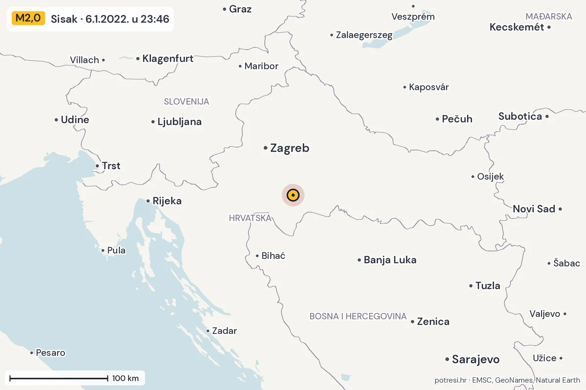 Karta: šire područje, 600 km, potres M2,0, Sisak, 6.1.2022.