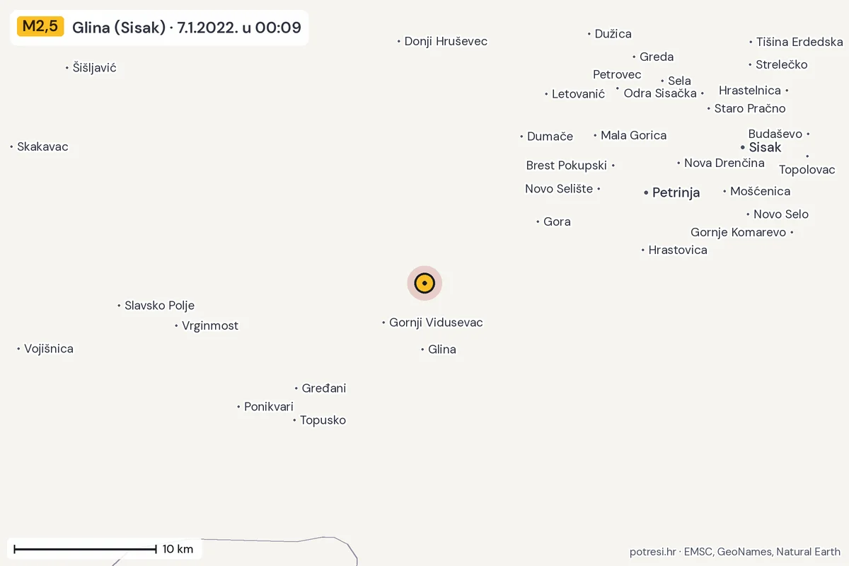Karta: okolica epicentra, 60 km, potres M2,5, Glina (Sisak), 7.1.2022.
