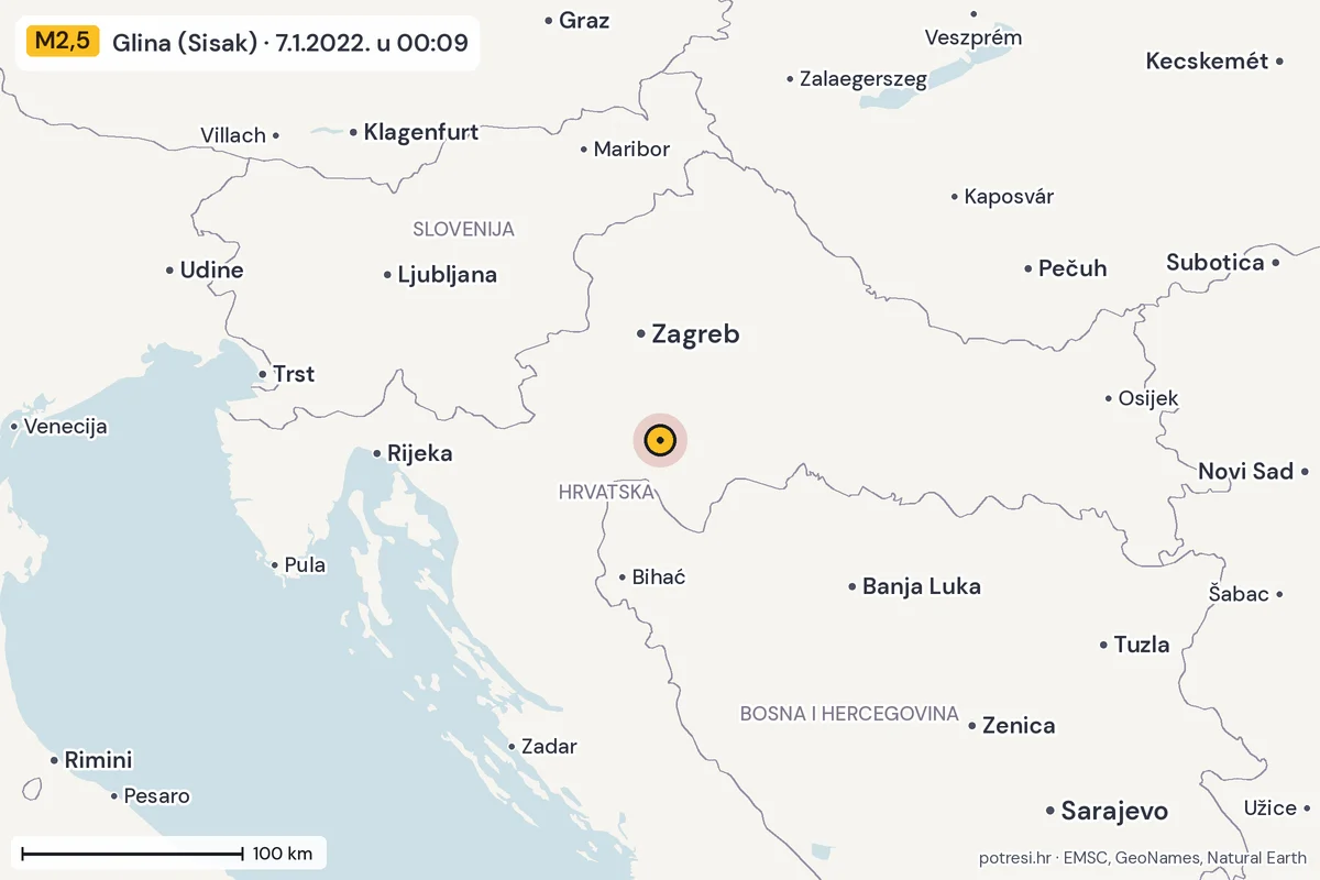 Karta: šire područje, 600 km, potres M2,5, Glina (Sisak), 7.1.2022.