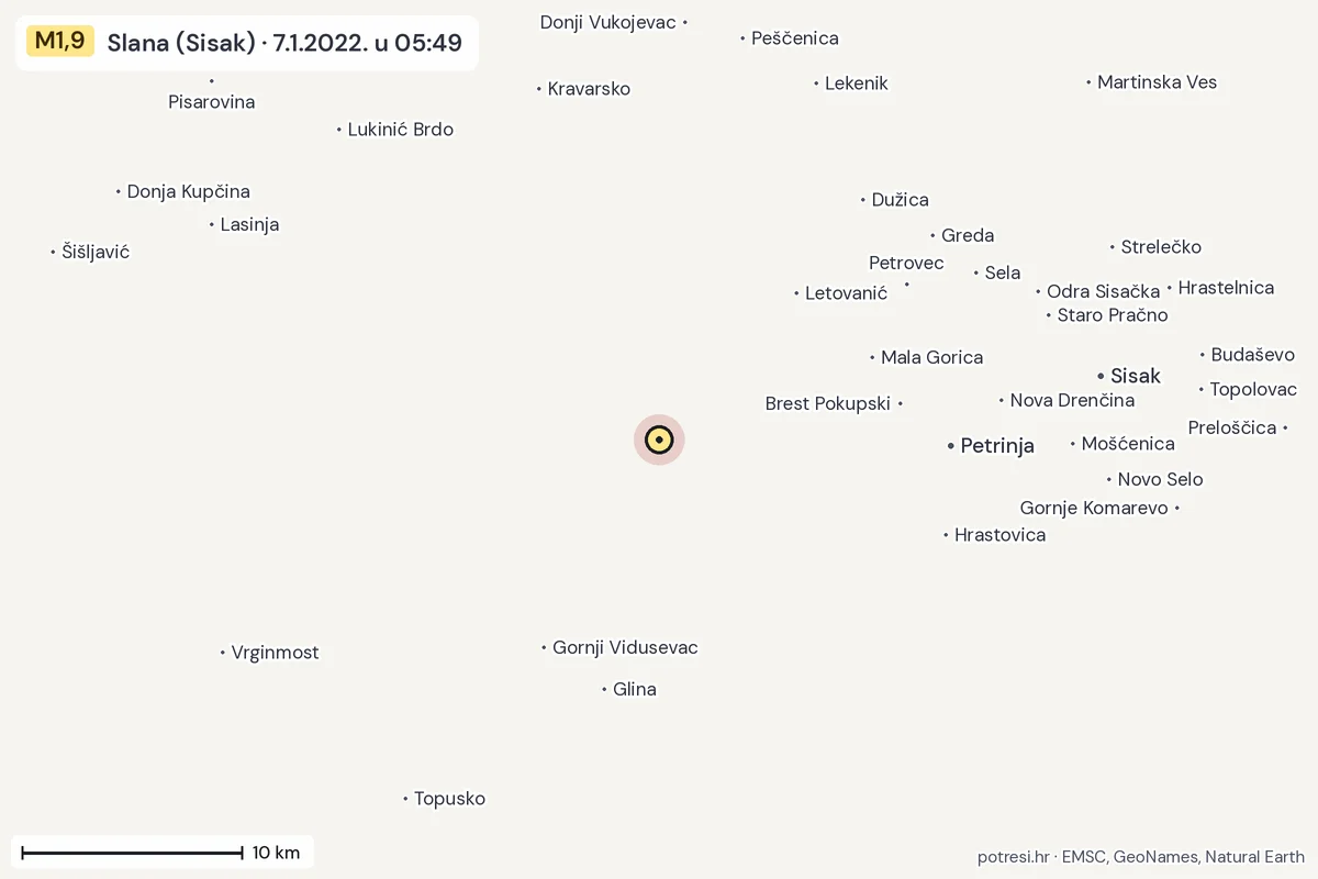 Karta: okolica epicentra, 60 km, potres M1,9, Slana (Sisak), 7.1.2022.