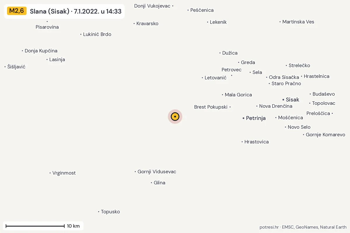 Karta: okolica epicentra, 60 km, potres M2,6, Slana (Sisak), 7.1.2022.
