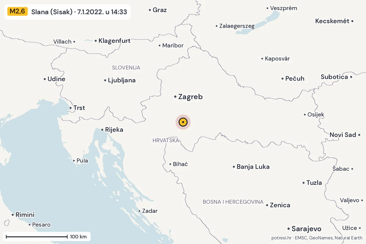 Karta: šire područje, 600 km, potres M2,6, Slana (Sisak), 7.1.2022.