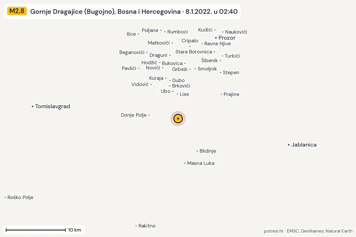 Karta: okolica epicentra, 60 km, potres M2,8, Gornje Dragajice (Bugojno), Bosna i Hercegovina, 8.1.2022.