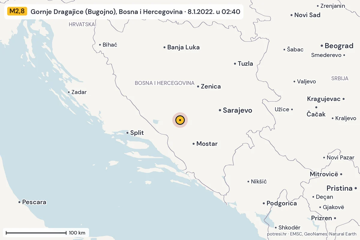 Karta: šire područje, 600 km, potres M2,8, Gornje Dragajice (Bugojno), Bosna i Hercegovina, 8.1.2022.