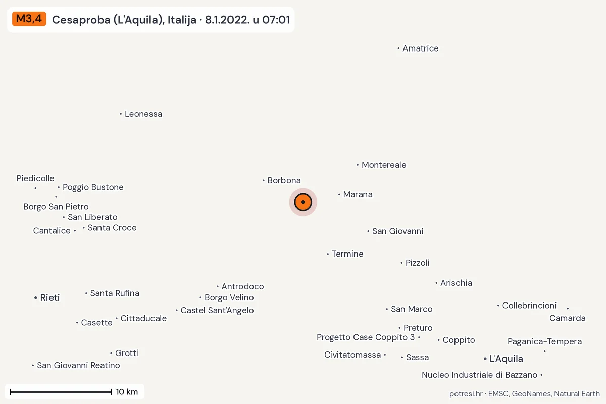 Karta: okolica epicentra, 60 km, potres M3,4, Cesaproba (L'Aquila), Italija, 8.1.2022.