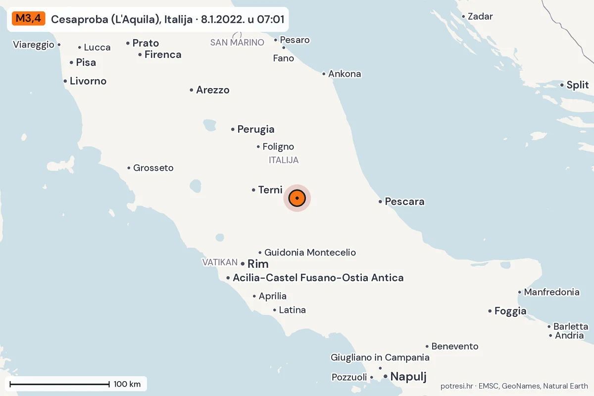 Karta: šire područje, 600 km, potres M3,4, Cesaproba (L'Aquila), Italija, 8.1.2022.