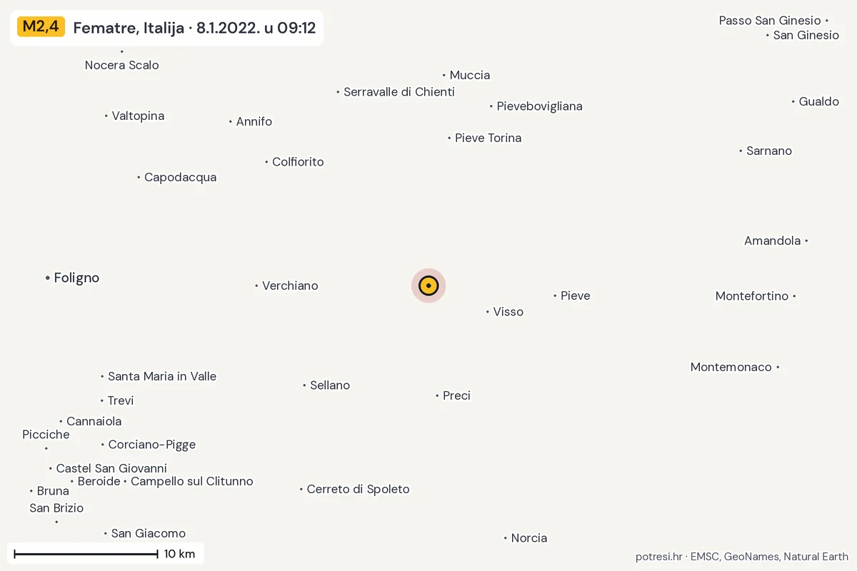 Karta: okolica epicentra, 60 km, potres M2,4, Fematre, Italija, 8.1.2022.