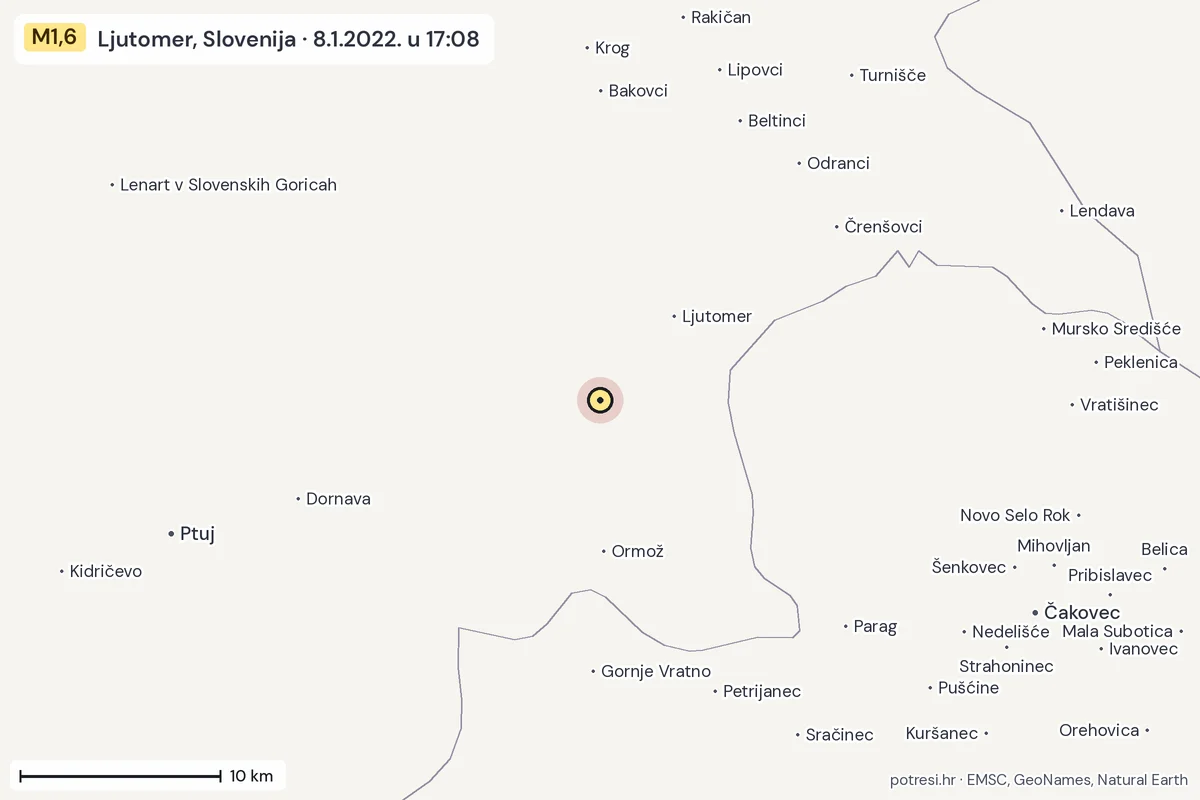 Karta: okolica epicentra, 60 km, potres M1,6, Ljutomer, Slovenija, 8.1.2022.