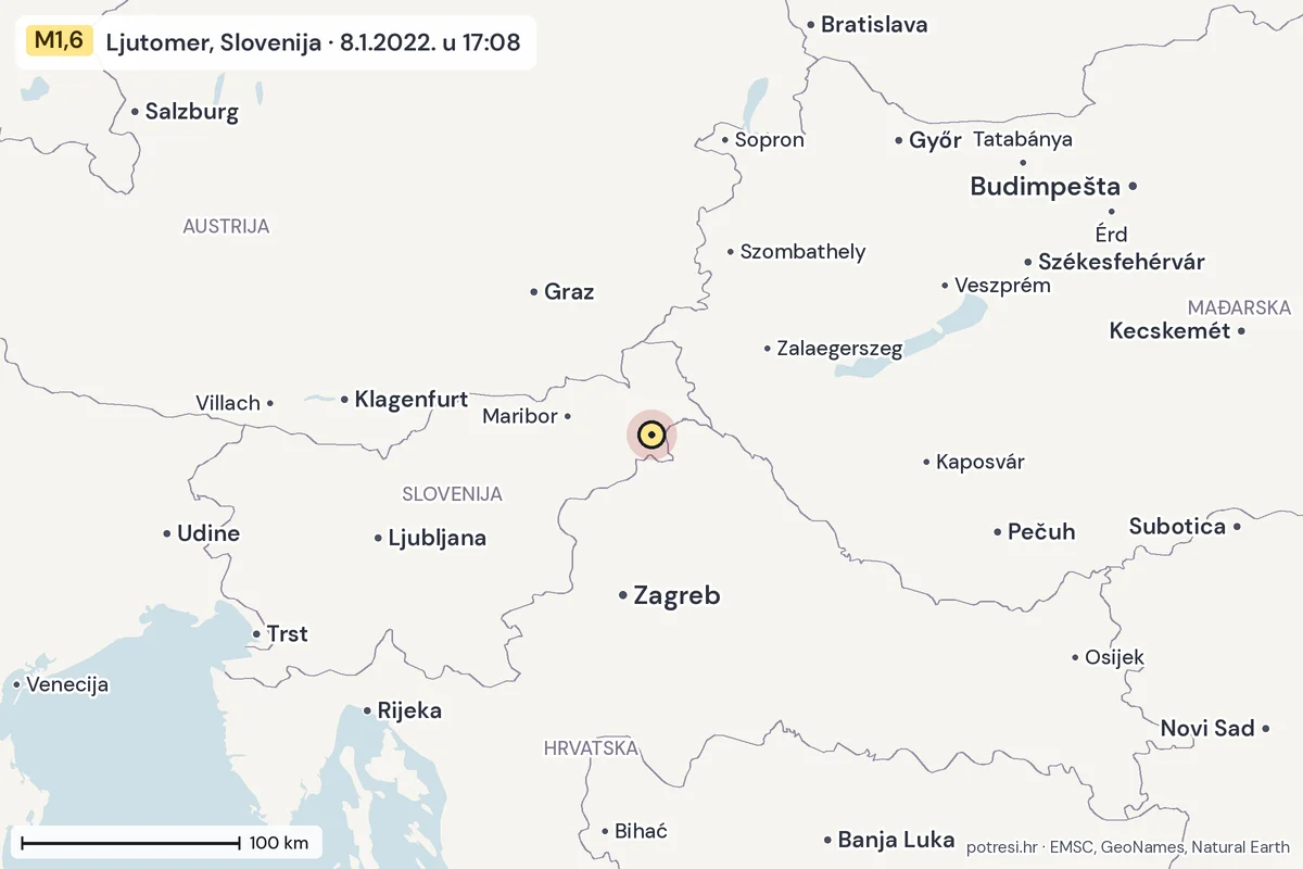 Karta: šire područje, 600 km, potres M1,6, Ljutomer, Slovenija, 8.1.2022.
