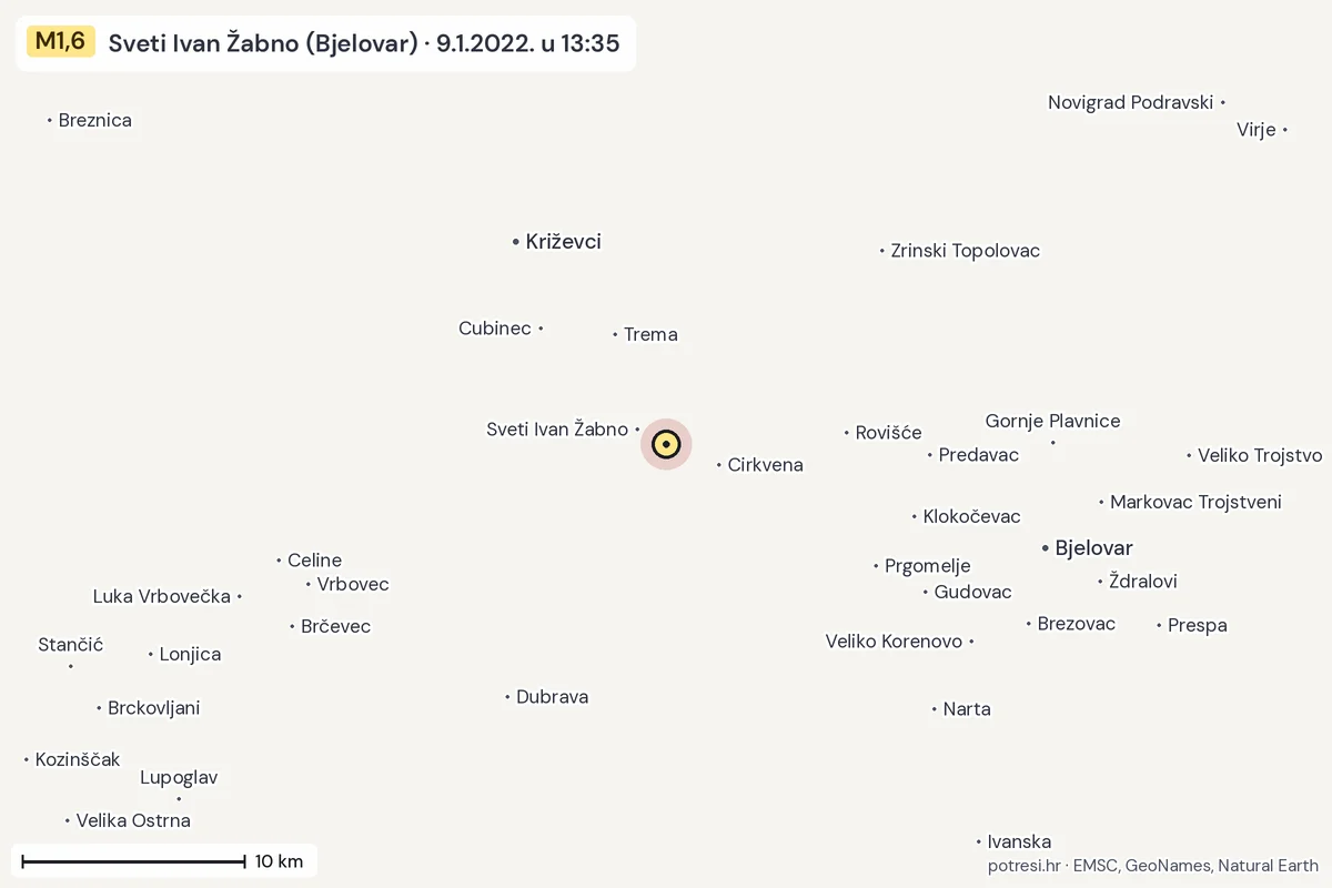 Karta: okolica epicentra, 60 km, potres M1,6, Sveti Ivan Žabno (Bjelovar), 9.1.2022.