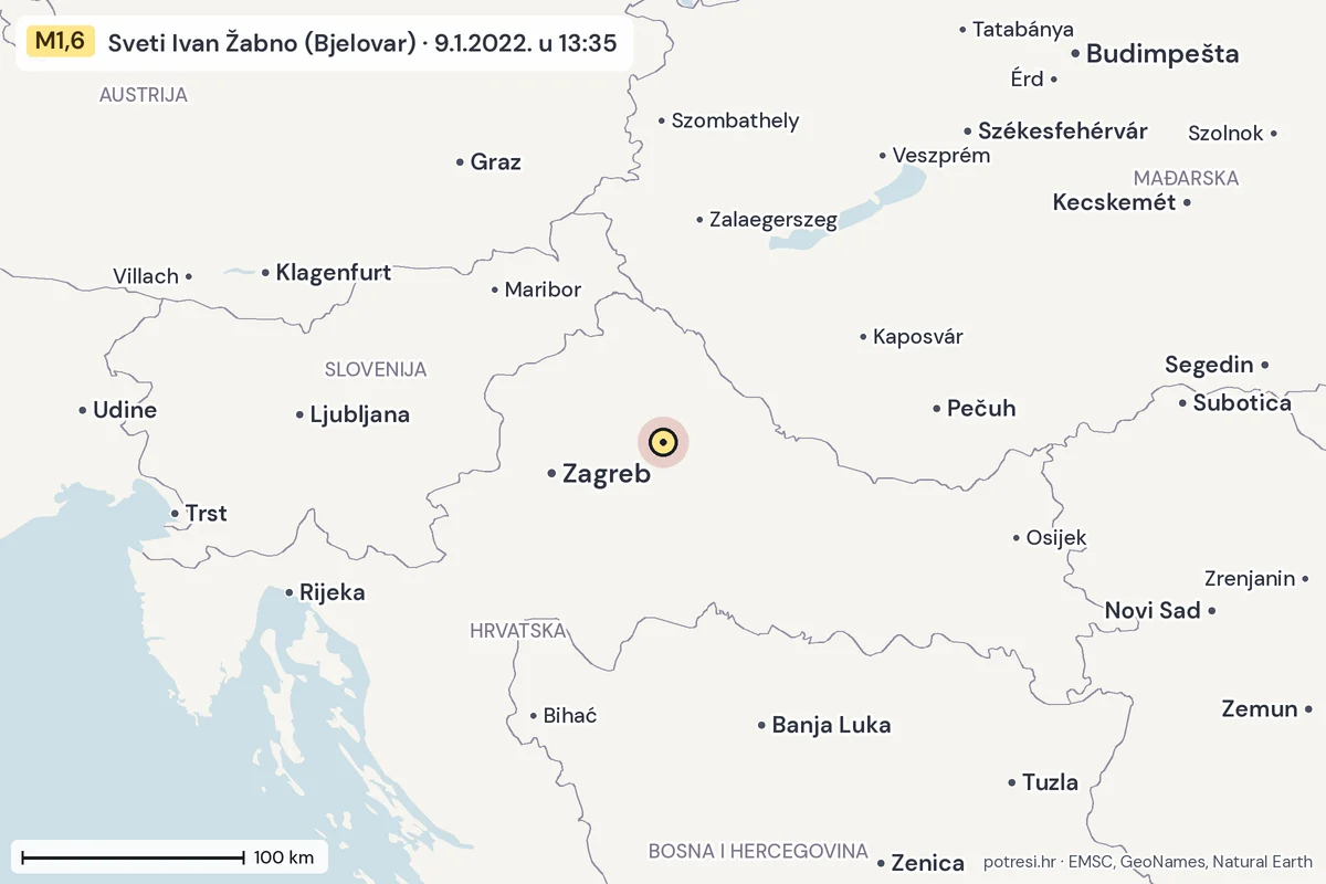 Karta: šire područje, 600 km, potres M1,6, Sveti Ivan Žabno (Bjelovar), 9.1.2022.