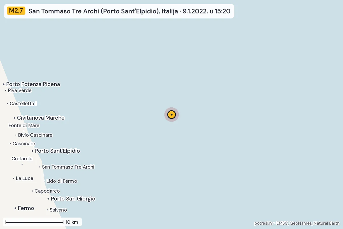 Karta: okolica epicentra, 60 km, potres M2,7, San Tommaso Tre Archi (Porto Sant'Elpidio), Italija, 9.1.2022.