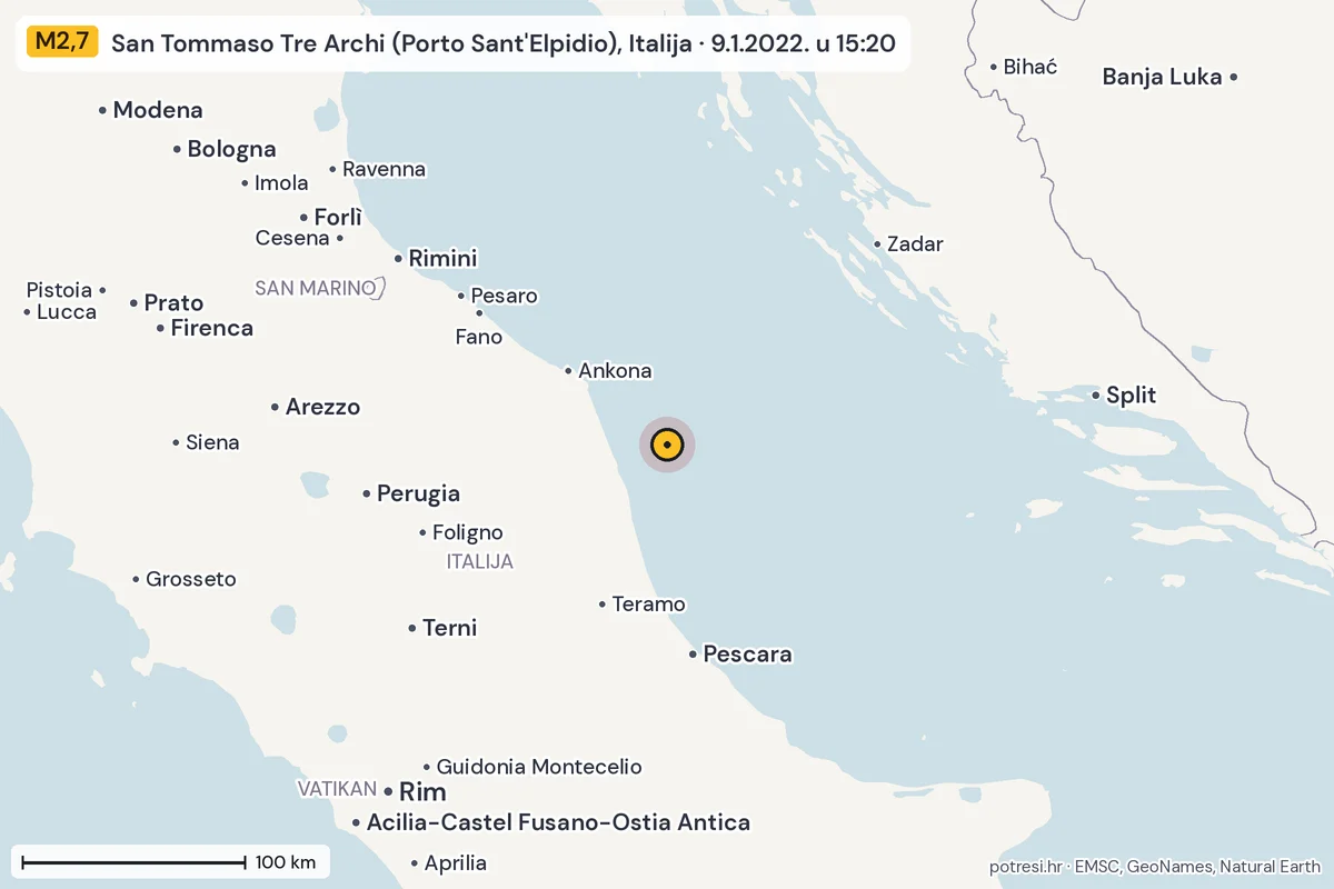 Karta: šire područje, 600 km, potres M2,7, San Tommaso Tre Archi (Porto Sant'Elpidio), Italija, 9.1.2022.