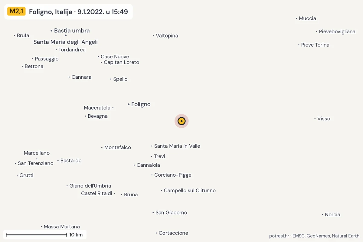 Karta: okolica epicentra, 60 km, potres M2,1, Foligno, Italija, 9.1.2022.