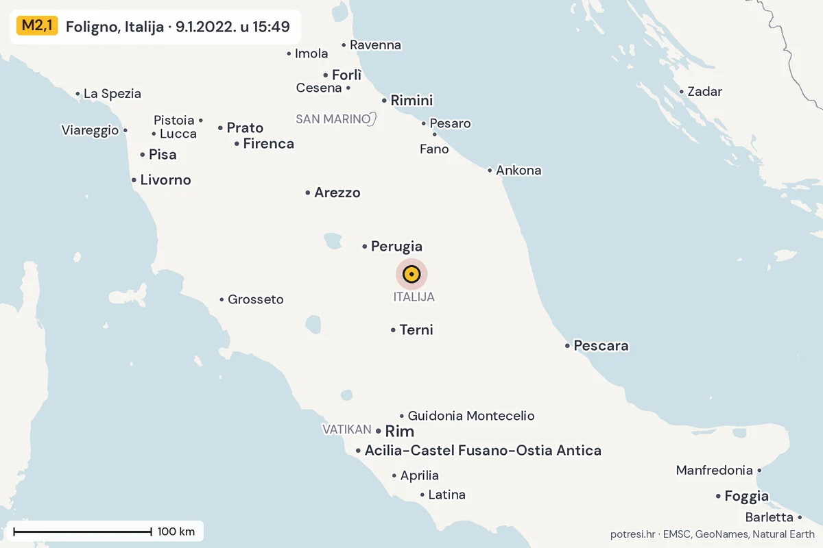 Karta: šire područje, 600 km, potres M2,1, Foligno, Italija, 9.1.2022.
