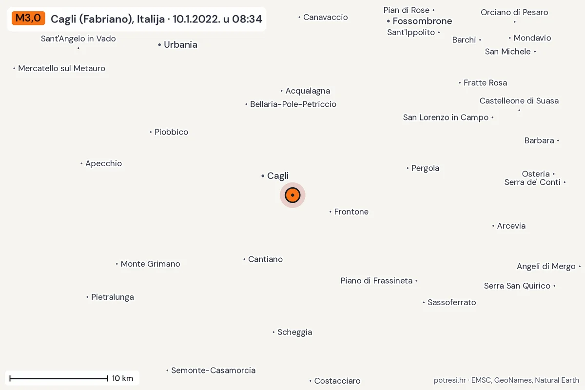 Karta: okolica epicentra, 60 km, potres M3,0, Cagli (Fabriano), Italija, 10.1.2022.