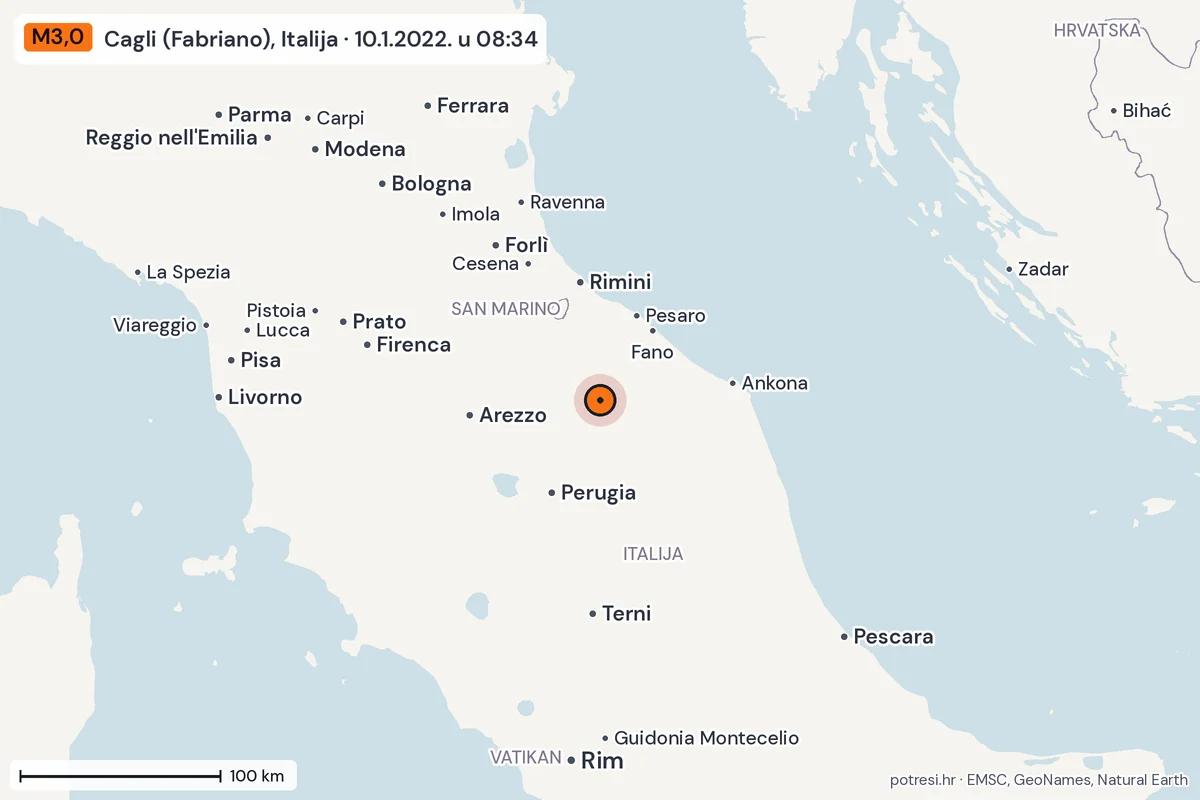 Karta: šire područje, 600 km, potres M3,0, Cagli (Fabriano), Italija, 10.1.2022.
