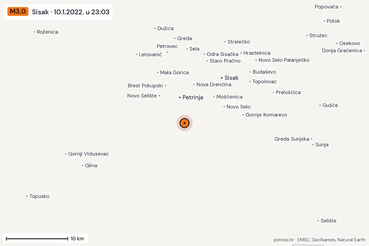 Karta: okolica epicentra, 60 km, potres M3,0, Sisak, 10.1.2022.