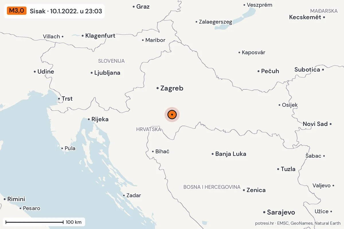 Karta: šire područje, 600 km, potres M3,0, Sisak, 10.1.2022.