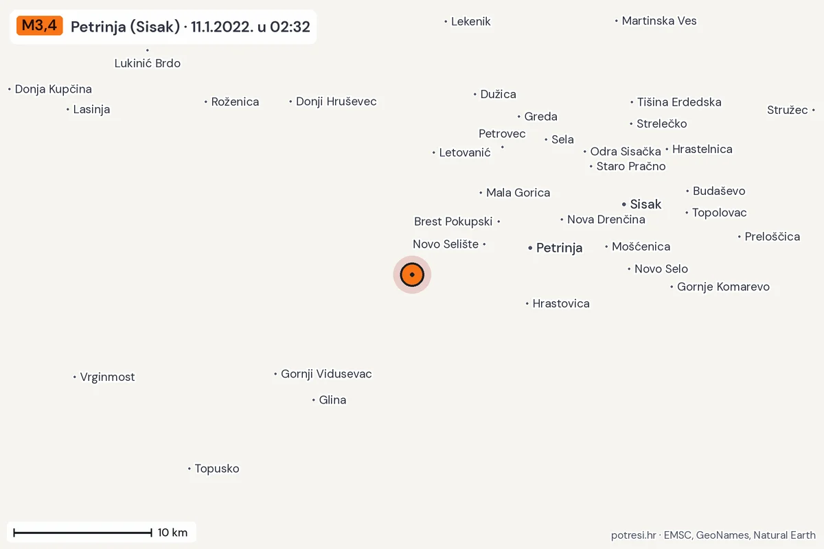Karta: okolica epicentra, 60 km, potres M3,4, Petrinja (Sisak), 11.1.2022.