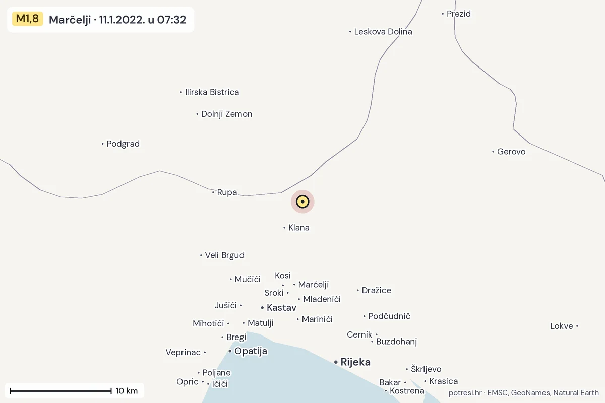 Karta: okolica epicentra, 60 km, potres M1,8, Marčelji, 11.1.2022.