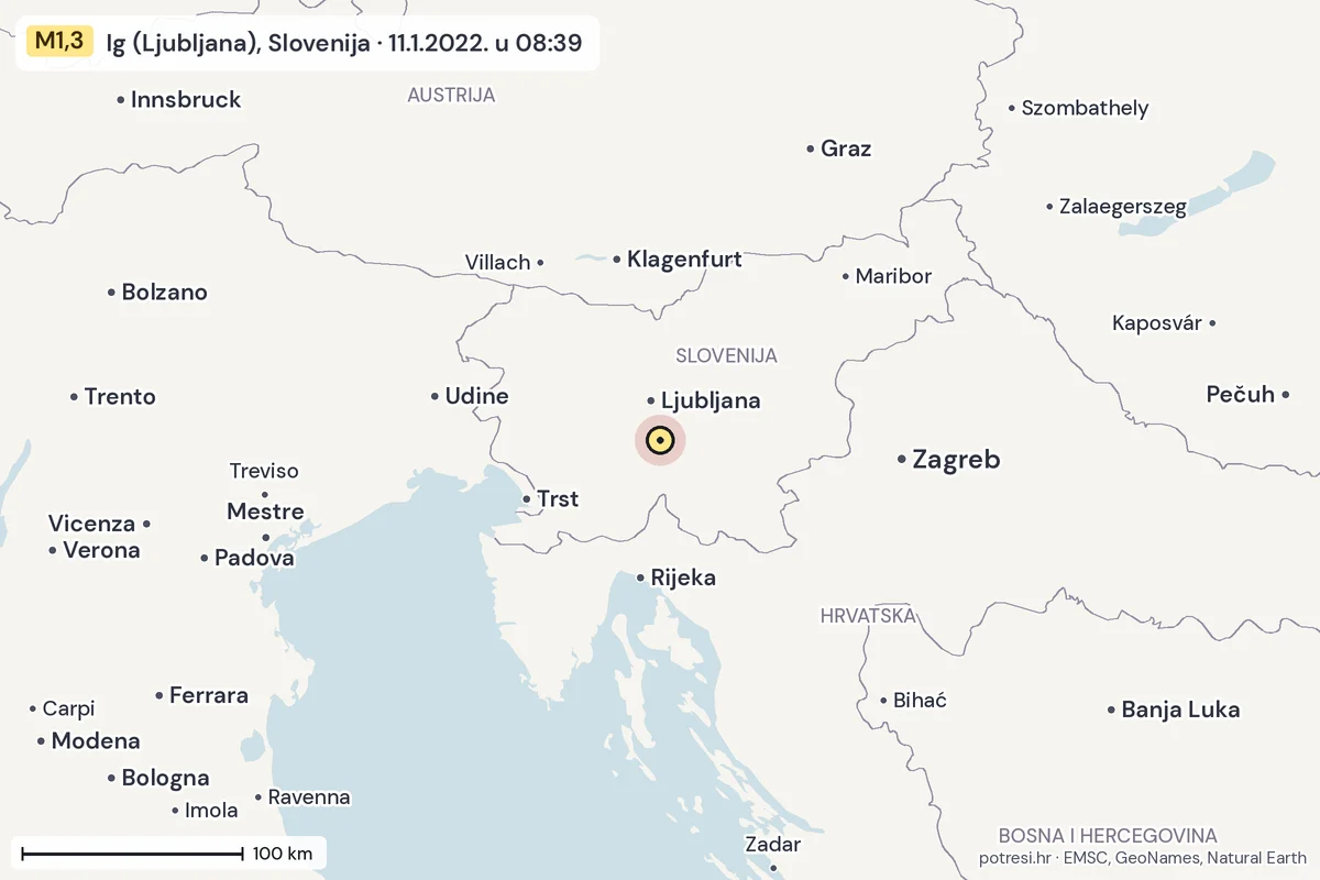 Karta: šire područje, 600 km, potres M1,3, Ig (Ljubljana), Slovenija, 11.1.2022.