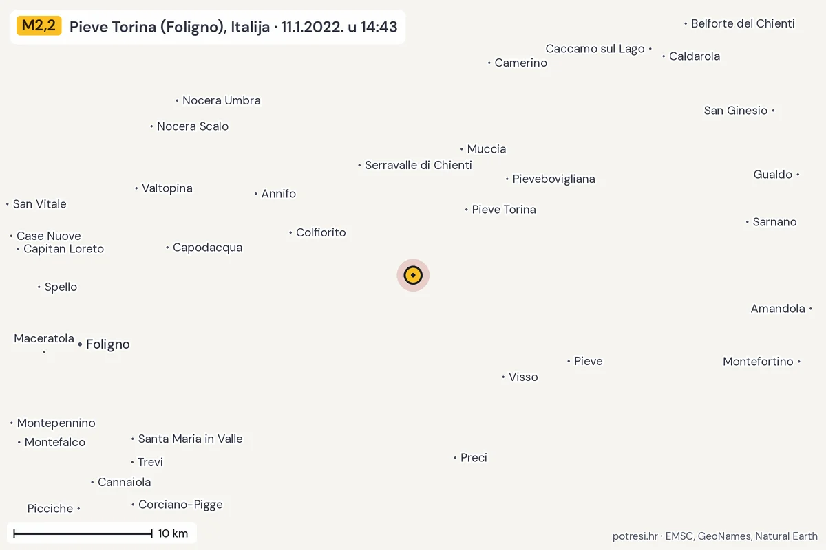 Karta: okolica epicentra, 60 km, potres M2,2, Pieve Torina (Foligno), Italija, 11.1.2022.