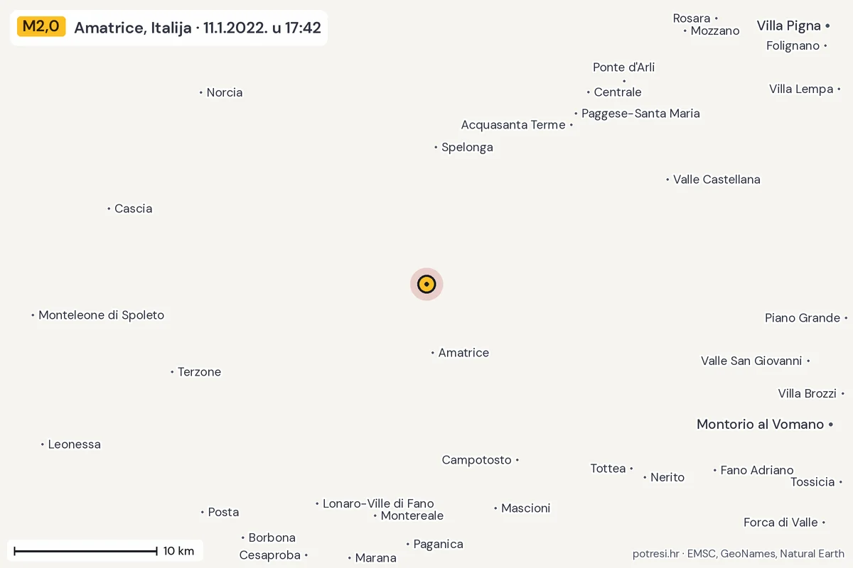Karta: okolica epicentra, 60 km, potres M2,0, Amatrice, Italija, 11.1.2022.