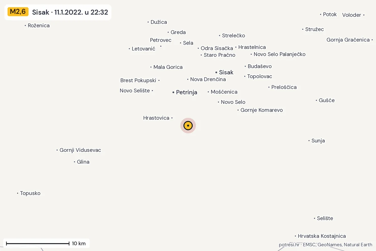 Karta: okolica epicentra, 60 km, potres M2,6, Sisak, 11.1.2022.