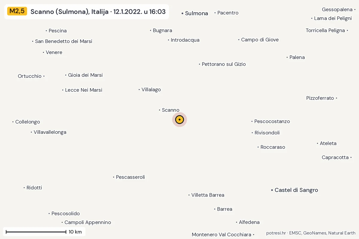Karta: okolica epicentra, 60 km, potres M2,5, Scanno (Sulmona), Italija, 12.1.2022.