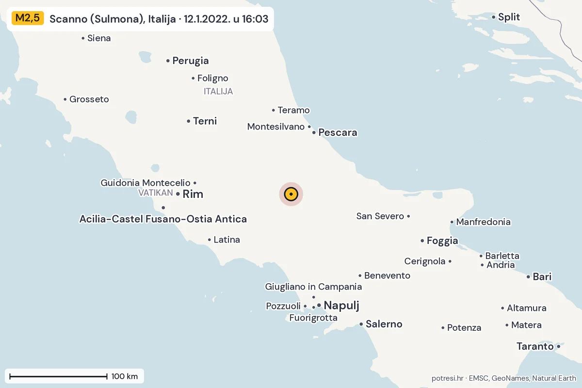 Karta: šire područje, 600 km, potres M2,5, Scanno (Sulmona), Italija, 12.1.2022.