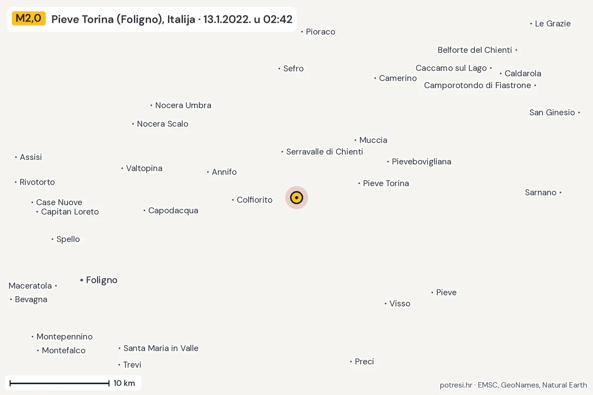 Karta: okolica epicentra, 60 km, potres M2,0, Pieve Torina (Foligno), Italija, 13.1.2022.
