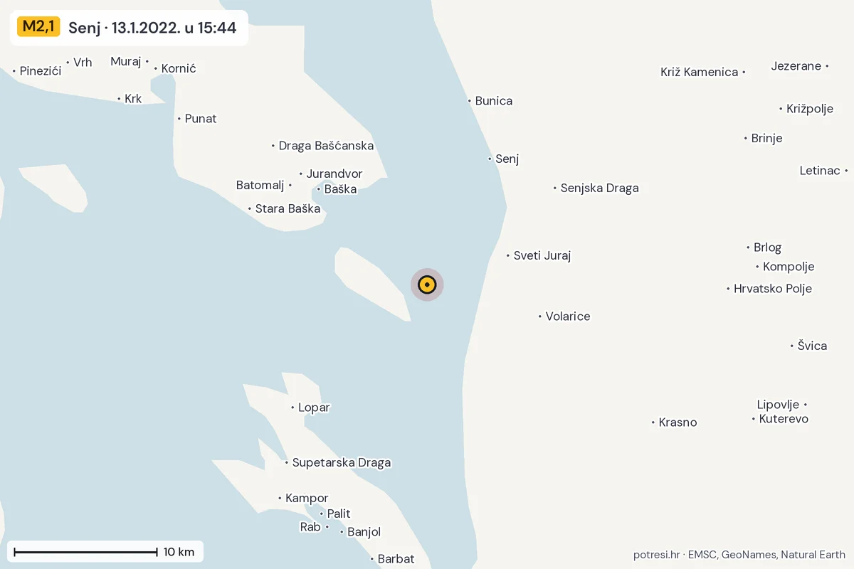 Karta: okolica epicentra, 60 km, potres M2,1, Senj, 13.1.2022.