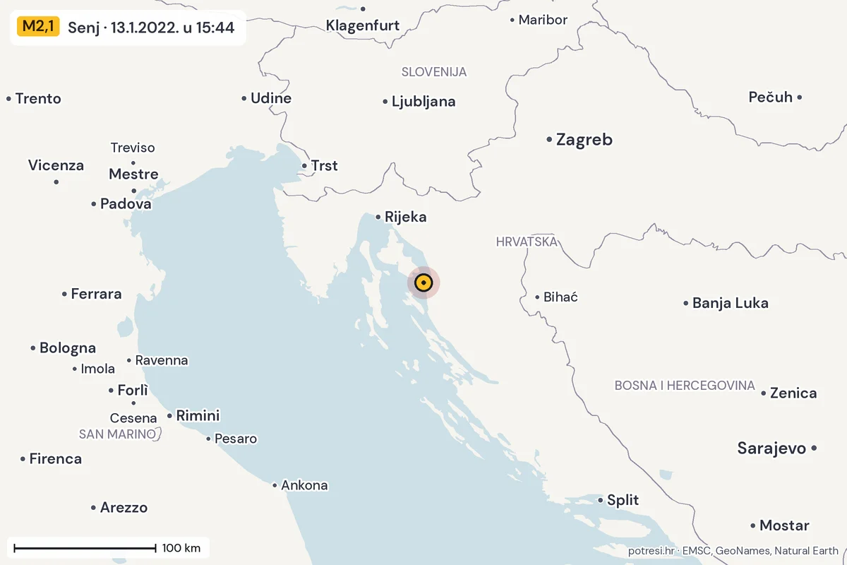 Karta: šire područje, 600 km, potres M2,1, Senj, 13.1.2022.