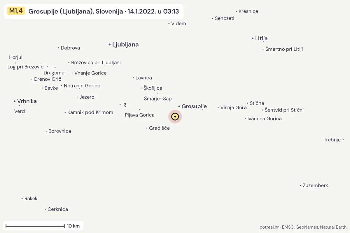 Karta: okolica epicentra, 60 km, potres M1,4, Grosuplje (Ljubljana), Slovenija, 14.1.2022.