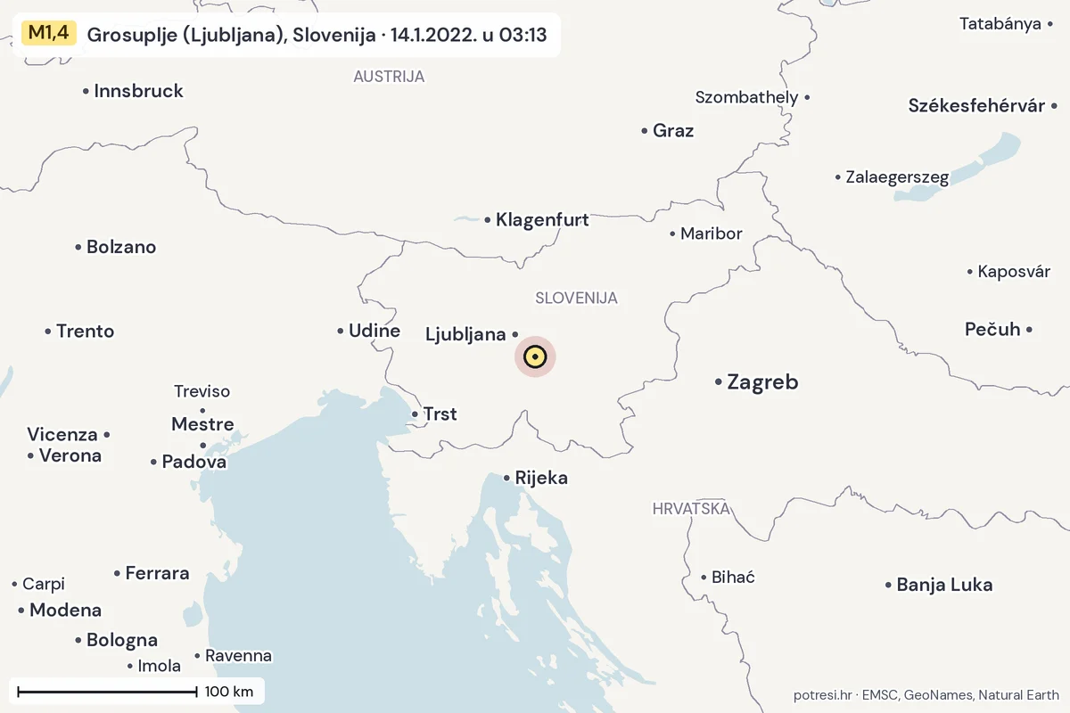 Karta: šire područje, 600 km, potres M1,4, Grosuplje (Ljubljana), Slovenija, 14.1.2022.