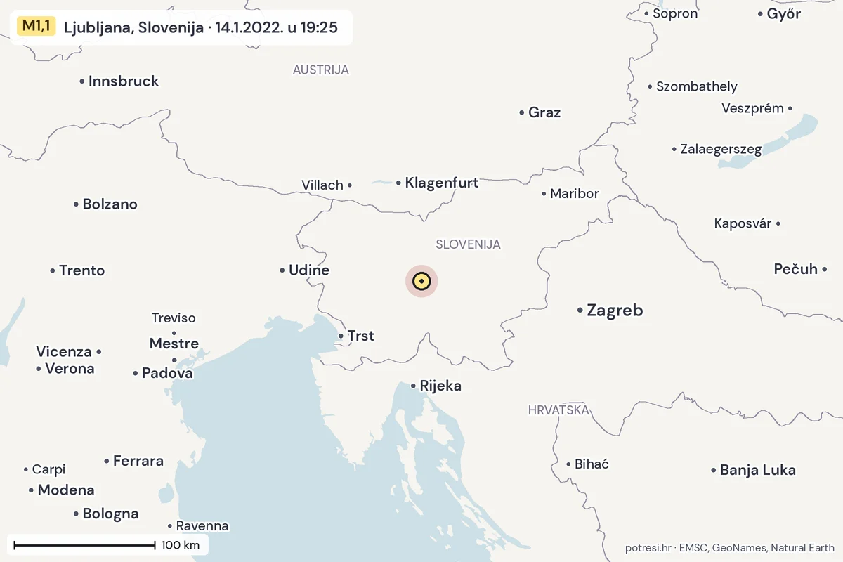 Karta: šire područje, 600 km, potres M1,1, Ljubljana, Slovenija, 14.1.2022.