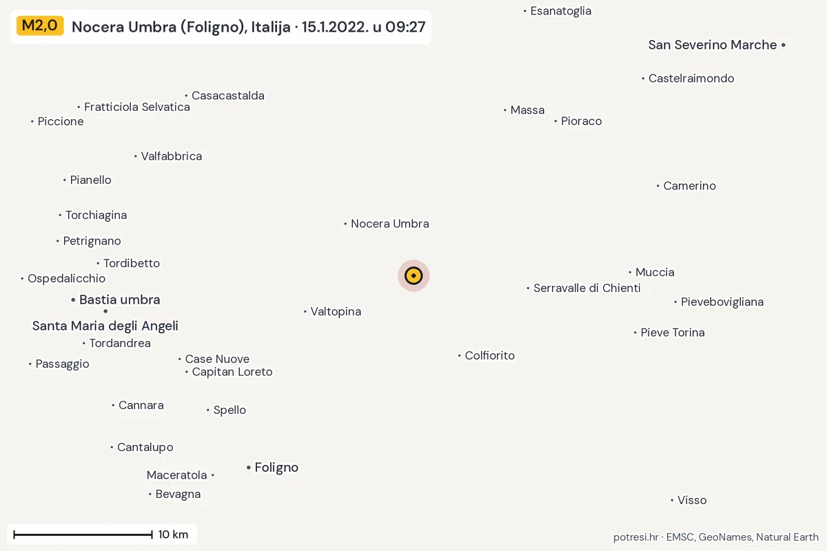 Karta: okolica epicentra, 60 km, potres M2,0, Nocera Umbra (Foligno), Italija, 15.1.2022.