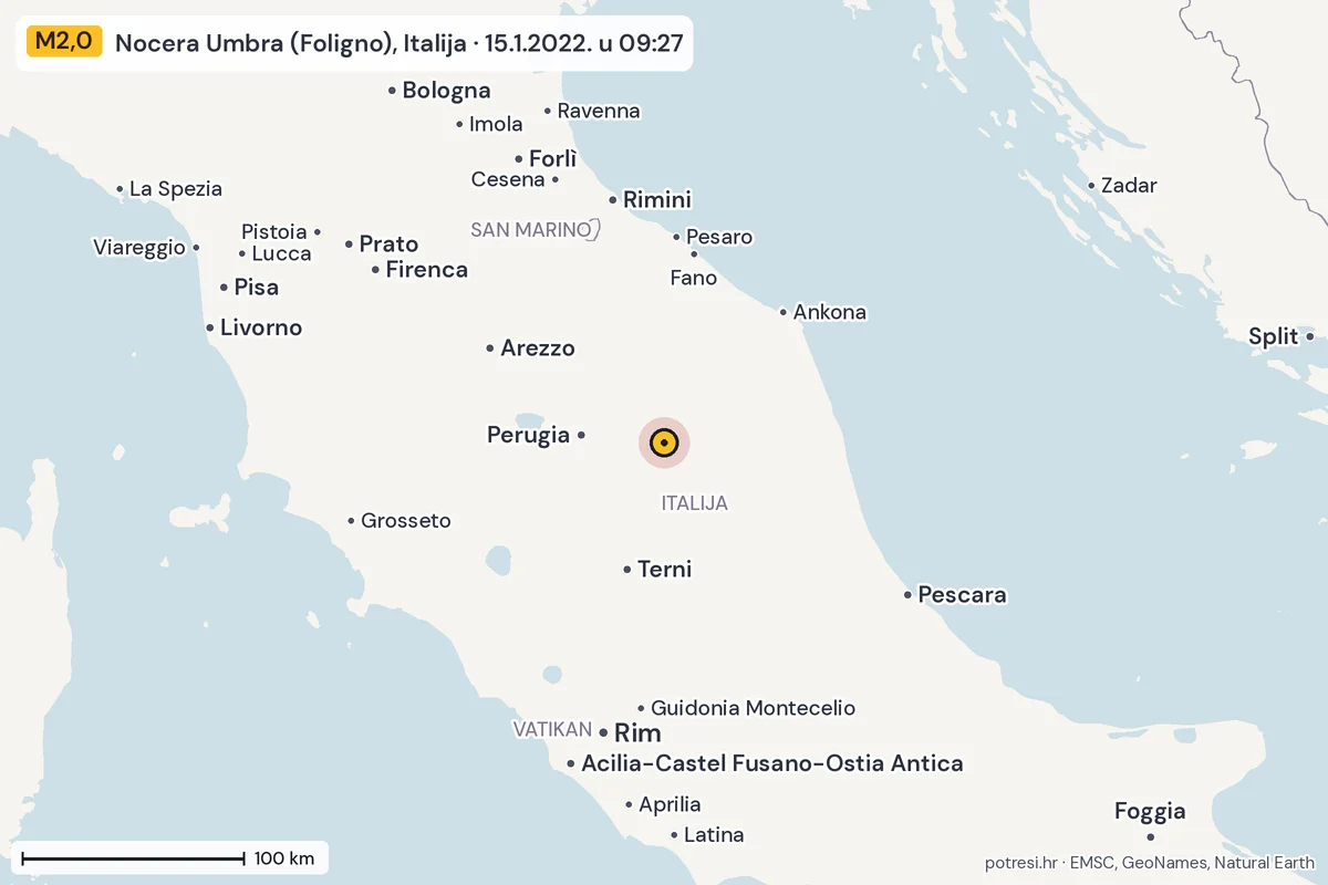 Karta: šire područje, 600 km, potres M2,0, Nocera Umbra (Foligno), Italija, 15.1.2022.