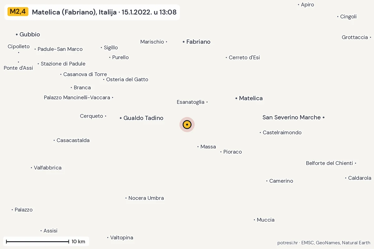 Karta: okolica epicentra, 60 km, potres M2,4, Matelica (Fabriano), Italija, 15.1.2022.