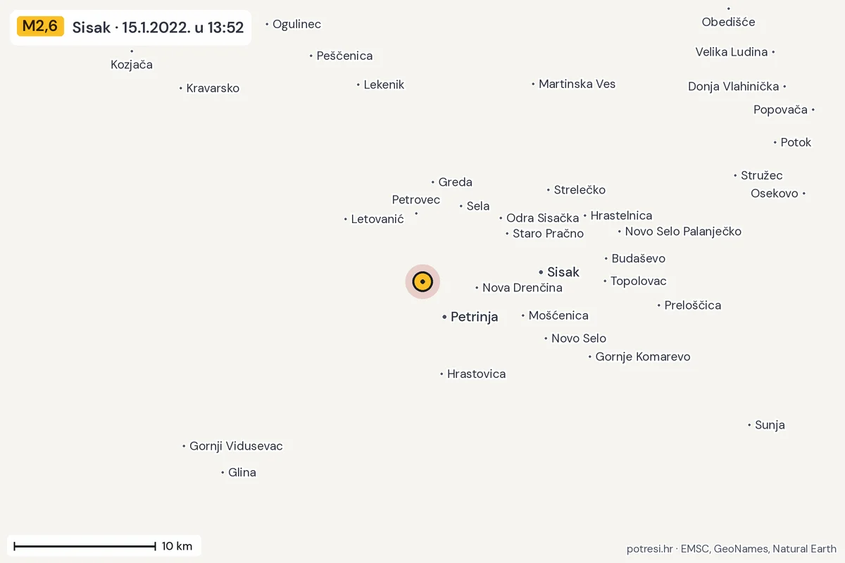 Karta: okolica epicentra, 60 km, potres M2,6, Sisak, 15.1.2022.