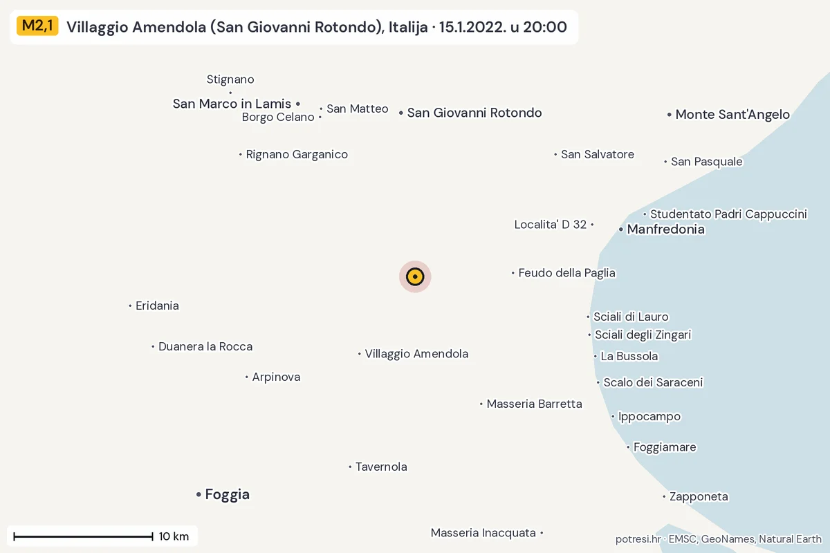 Karta: okolica epicentra, 60 km, potres M2,1, Villaggio Amendola (San Giovanni Rotondo), Italija, 15.1.2022.