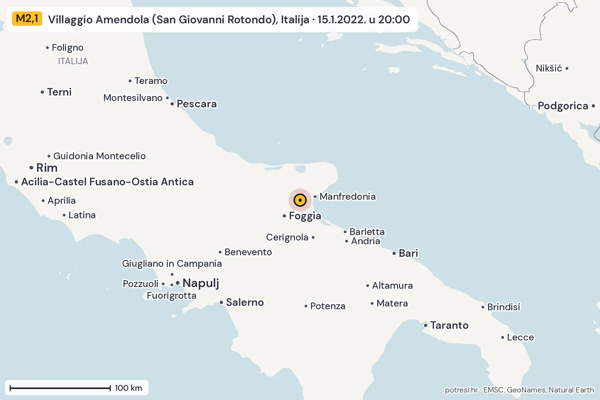 Karta: šire područje, 600 km, potres M2,1, Villaggio Amendola (San Giovanni Rotondo), Italija, 15.1.2022.