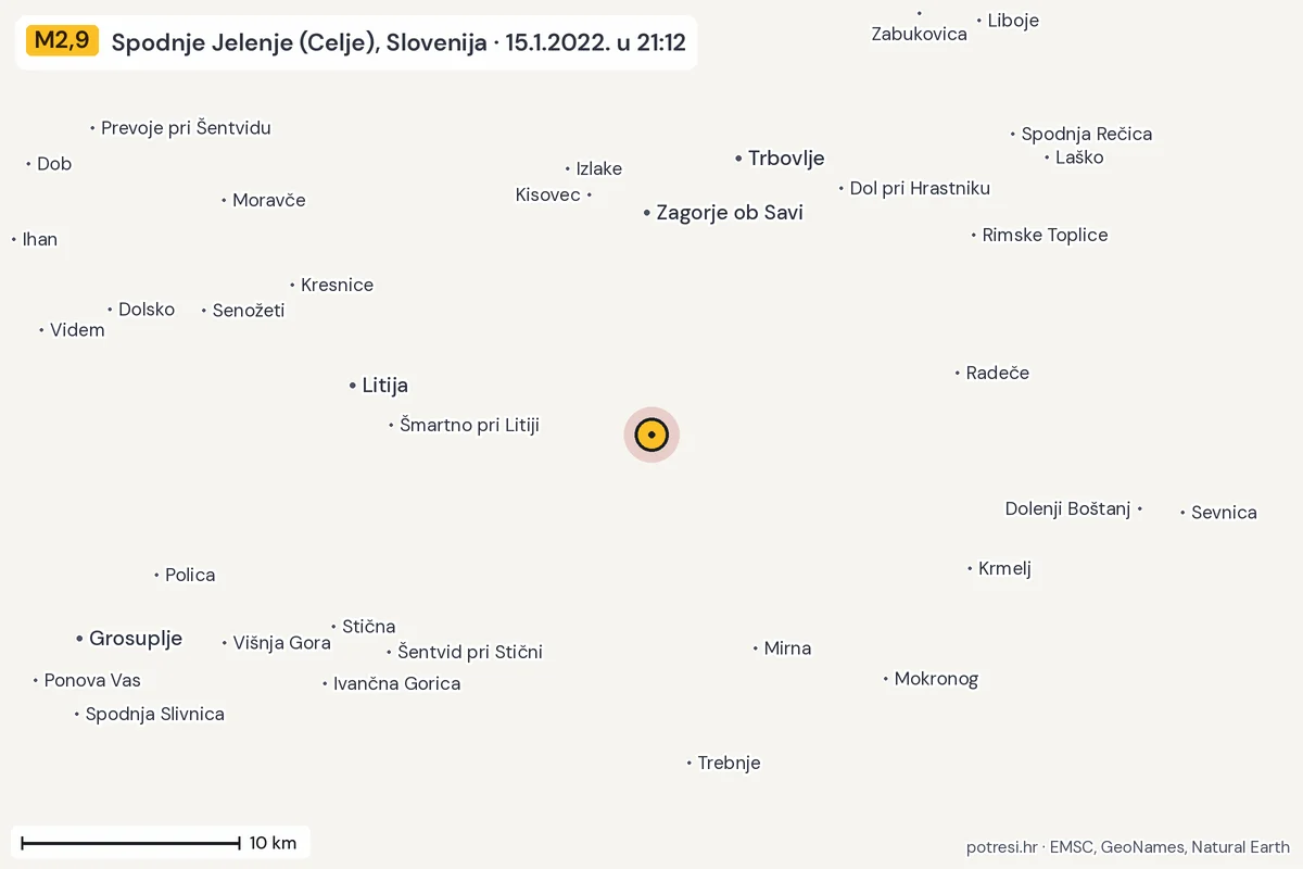 Karta: okolica epicentra, 60 km, potres M2,9, Spodnje Jelenje (Celje), Slovenija, 15.1.2022.
