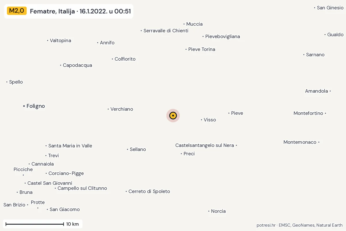 Karta: okolica epicentra, 60 km, potres M2,0, Fematre, Italija, 16.1.2022.
