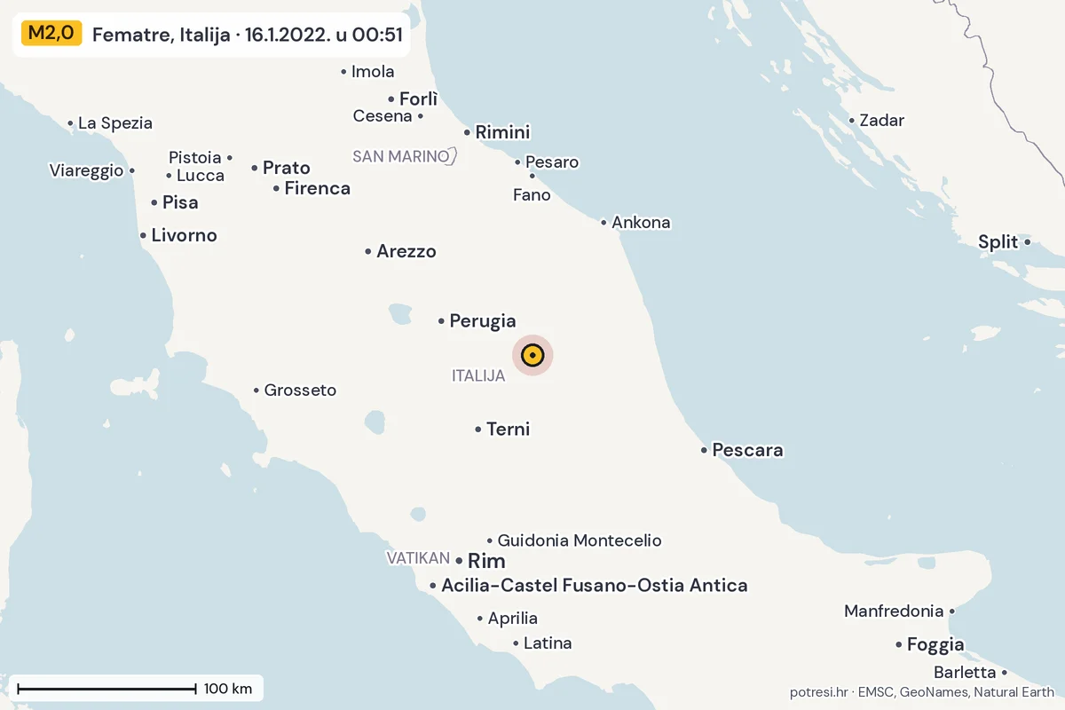 Karta: šire područje, 600 km, potres M2,0, Fematre, Italija, 16.1.2022.