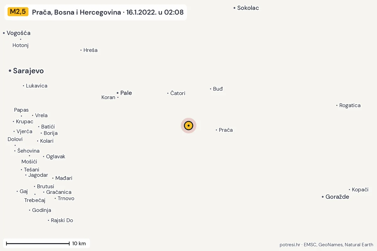 Karta: okolica epicentra, 60 km, potres M2,5, Prača, Bosna i Hercegovina, 16.1.2022.